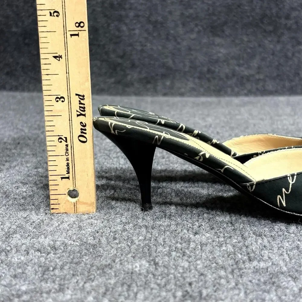 Vintage Chanel Shoes Womens 6 EU 36 Black Cruise Script Print Kitten Heel Mules